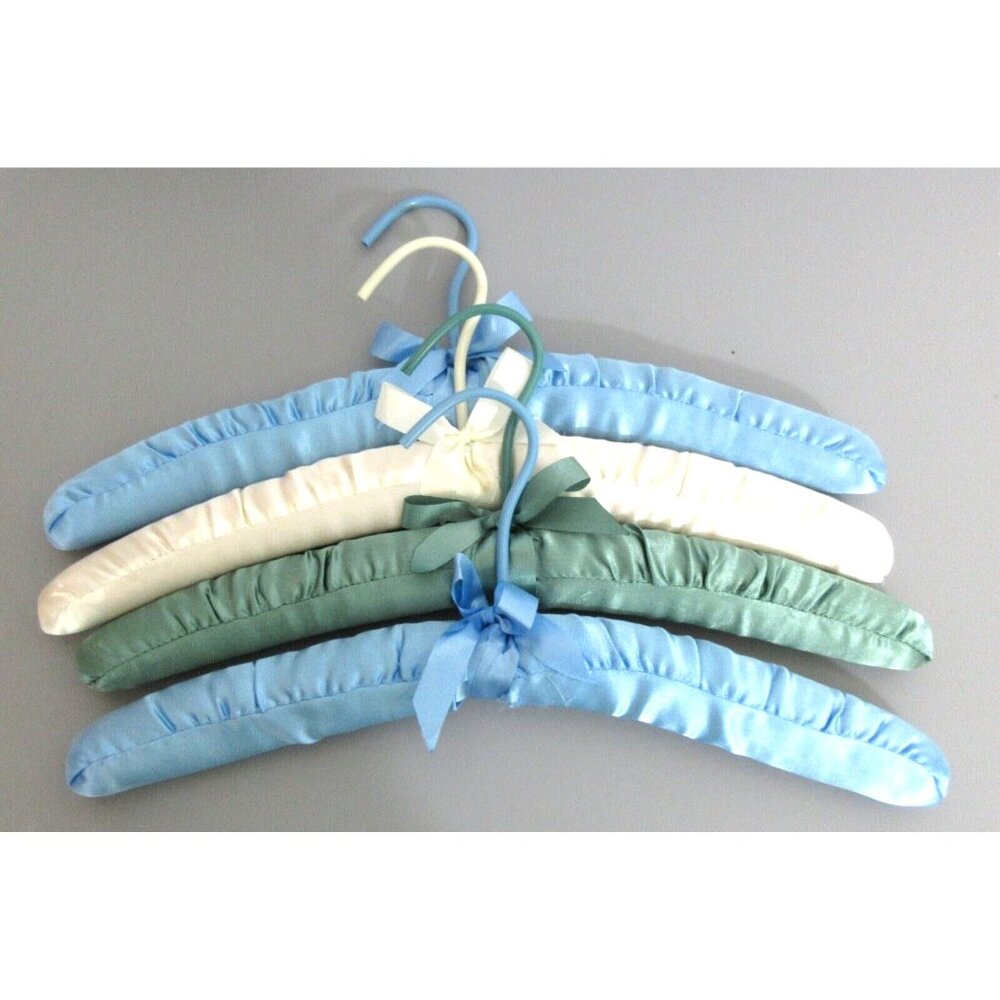 Lot of 4 Vintage Padded Satin Fabric Covered Clothes Hangers Colored Ribbon Home